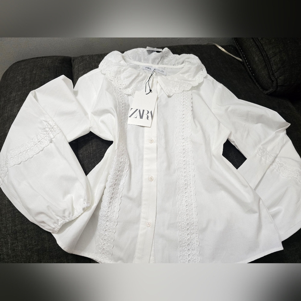 ZARA White Eyelet Lace Collar Button-Up Blouse - Picture 12 of 12